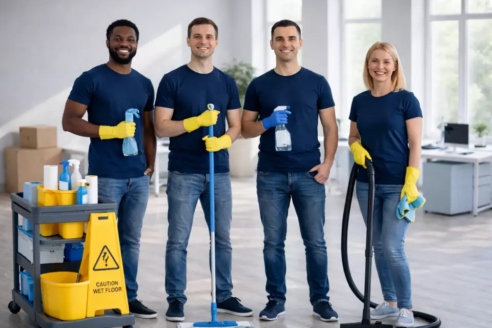 Cleaner sanitizing a modern interior space