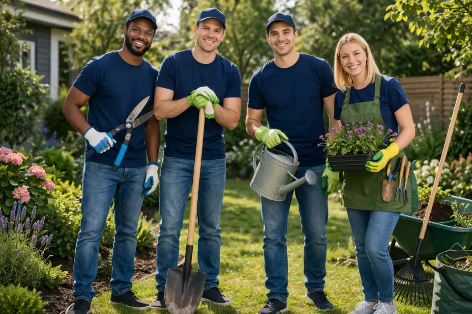 Gardener maintaining plants and lawn