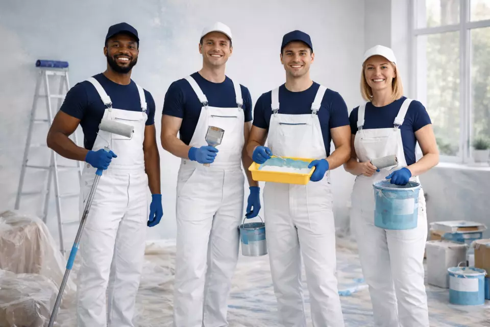 Painter applying fresh paint on a wall